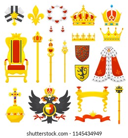 Royal crown vector royalty emblem and golden jewelry symbol of king queen and princess illustration sign of crowning prince authority and crown jeweles set isolated on white background