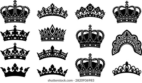 Royal crown vector set featuring imperial tiaras king queen coronets and ornate heraldic diadem icons for luxury brandingRoyal crown vector set featuring imperial tiaras king queen coronets and ornate heraldic diadem icons for luxury branding