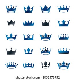 Royal Crowns ancient emblems elements set. Heraldic vector design elements collection. Retro style label, heraldry logo.