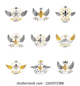 Royal Crowns and Ancient Stars emblems set. Heraldic Coat of Arms decorative logos isolated vector illustrations collection.