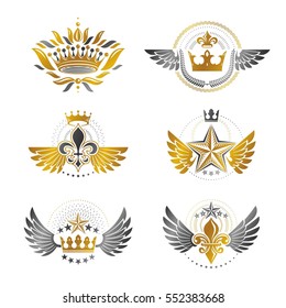 Royal Crowns and Ancient Stars emblems set. Heraldic Coat of Arms decorative logos isolated vector illustrations collection.