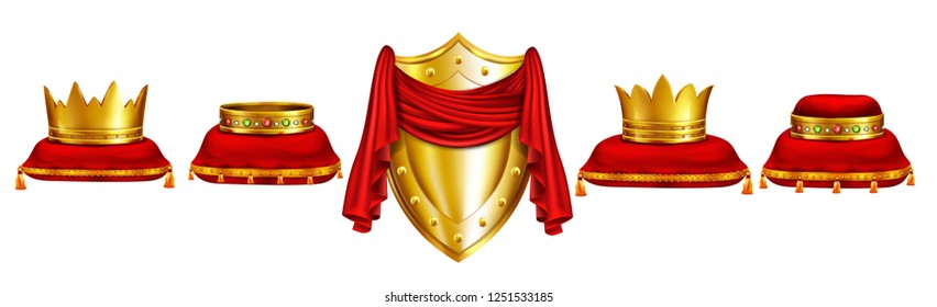 Royal crowns decorated with gems on red pillows and golden shield covered with red tissue realistic vector set isolated on white background. Monarch coronation attributes, king power symbol collection