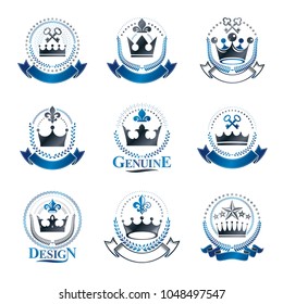 Royal Crowns emblems set. Heraldic Coat of Arms decorative logos isolated vector illustrations collection.