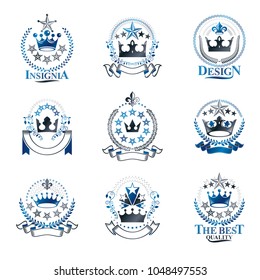 Royal Crowns emblems set. Heraldic Coat of Arms decorative logos isolated vector illustrations collection.