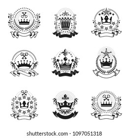 Royal Crowns emblems set. Heraldic vector design elements collection. Retro style label, heraldry logo.