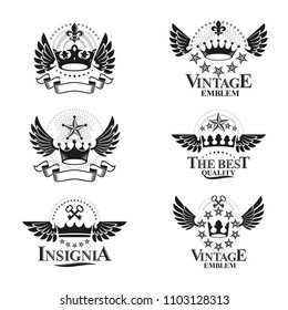 Royal Crowns emblems set. Heraldic vector design elements collection. Retro style label, heraldry logo.