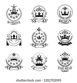 Royal Crowns emblems set. Heraldic Coat of Arms decorative logos isolated vector illustrations collection.