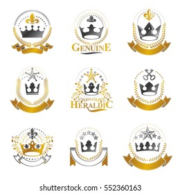 Royal Crowns emblems set. Heraldic Coat of Arms decorative logos isolated vector illustrations collection.