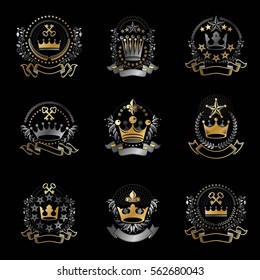 Royal Crowns emblems set. Heraldic vector design elements collection. Retro style label, heraldry logo.