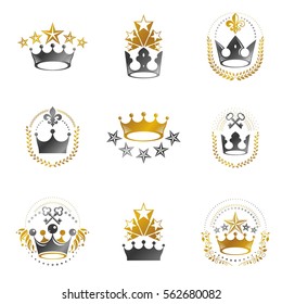 Royal Crowns emblems set. Heraldic Coat of Arms decorative logos isolated vector illustrations collection.