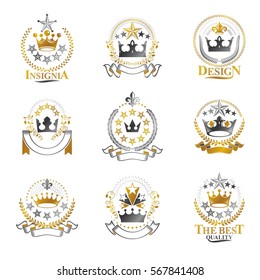 Royal Crowns emblems set. Heraldic Coat of Arms decorative logos isolated vector illustrations collection.