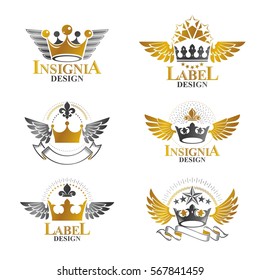 Royal Crowns emblems set. Heraldic vector design elements collection. Retro style label, heraldry logo.