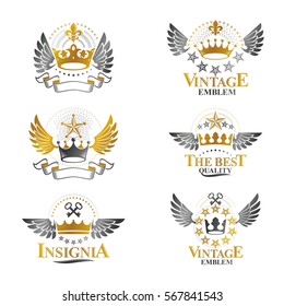 Royal Crowns emblems set. Heraldic vector design elements collection. Retro style label, heraldry logo.