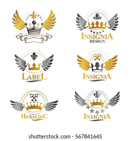 Royal Crowns emblems set. Heraldic vector design elements collection. Retro style label, heraldry logo.