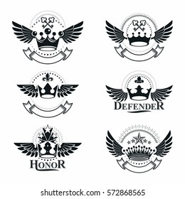 Royal Crowns emblems set. Heraldic vector design elements collection. Retro style label, heraldry logo.