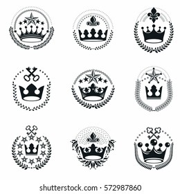 Royal Crowns emblems set. Heraldic Coat of Arms decorative logos isolated vector illustrations collection.