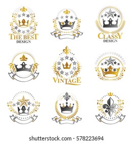 Royal Crowns emblems set. Heraldic vector design elements collection. Retro style label, heraldry logo.