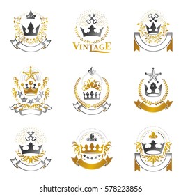 Royal Crowns emblems set. Heraldic vector design elements collection. Retro style label, heraldry logo.