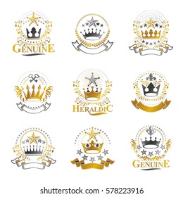 Royal Crowns emblems set. Heraldic vector design elements collection. Retro style label, heraldry logo.