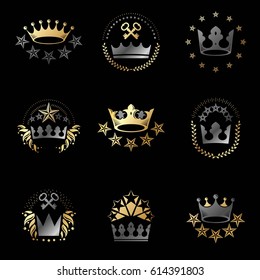 Royal Crowns emblems set. Heraldic Coat of Arms decorative logos isolated vector illustrations collection.