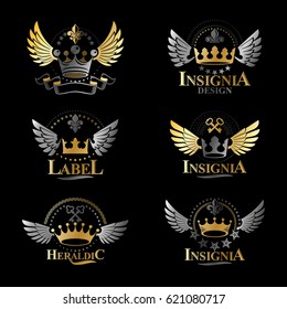 Royal Crowns emblems set. Heraldic vector design elements collection. Retro style label, heraldry logo.
