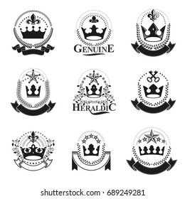 Royal Crowns emblems set. Heraldic Coat of Arms decorative logos isolated vector illustrations collection.