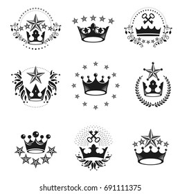 Royal Crowns emblems set. Heraldic Coat of Arms decorative logos isolated vector illustrations collection.