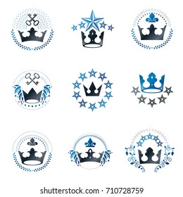 Royal Crowns emblems set. Heraldic Coat of Arms decorative logos isolated vector illustrations collection.