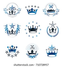 Royal Crowns emblems set. Heraldic Coat of Arms decorative logos isolated vector illustrations collection.