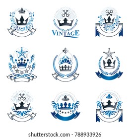 Royal Crowns emblems set. Heraldic Coat of Arms decorative logos isolated vector illustrations collection.