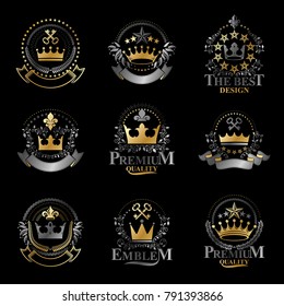 Royal Crowns emblems set. Heraldic vector design elements collection. Retro style label, heraldry logo.