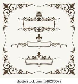 Royal crowns and fleur de lys ornate frames