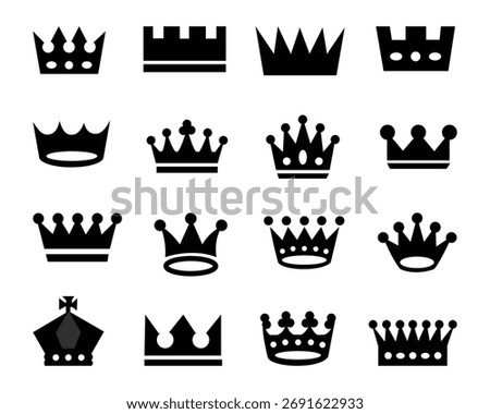 Royal Crowns Icon Set – Vector Silhouettes and Line Illustrations of King and Queen Crowns for Luxury, Monarchy, and Leadership Designs