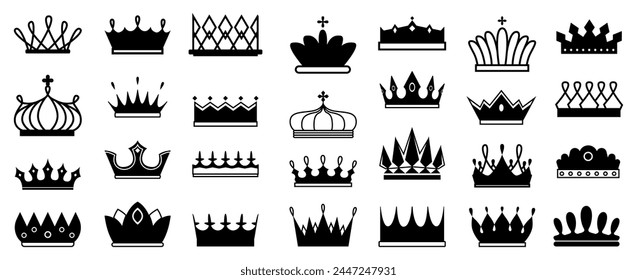 Royal crowns, isolated set of simple silhouettes for game design or logotype. Vector luxury and monarch power, vintage jewelry with cross and jewels, symbol of wealth and authority in country