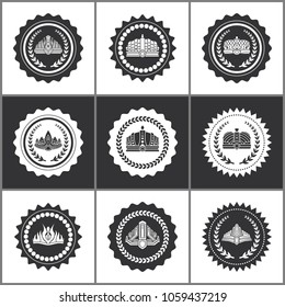 Royal crowns and laurel branches on seals set. Heraldic symbols on round monochrome certificates. Luxurious crowns on stamps vector illustrations.