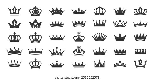 Ícones de silhueta de coroas reais. Rainha tiara e Rei coroa, autoridade majestosa coroa e pictogramas premium. Conjunto de símbolos de vetor de estêncil de realeza e luxo.