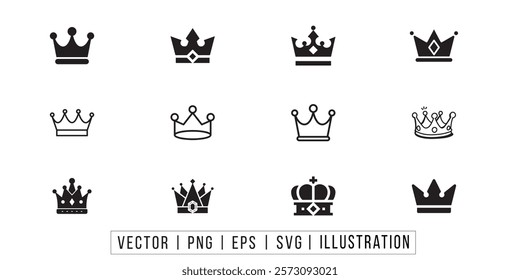 Royal crowns silhouette icons. Queen tiara and King crown, majestic corona authority and premium pictograms. Royalty and luxury stencil vector symbols set Crown vector collection, royal luxury symbo.
