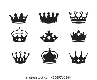 Royal crowns silhouette icons. Queen tiara and King crown, majestic corona authority and premium pictograms. Royalty and luxury stencil vector symbols set.