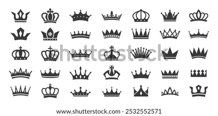 Royal crowns silhouette icons. Queen tiara and King crown, majestic corona authority and premium pictograms. Royalty and luxury stencil vector symbols set.