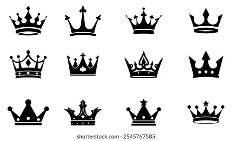 Royal crowns silhouette style icons. Queen and King crown, majestic corona authority and premium pictograms. Royalty and luxury stencil vector symbols set.