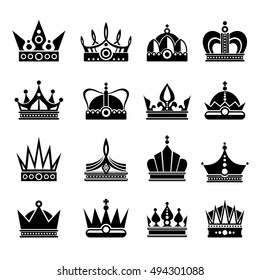 Royal crowns vector illustration set in black color isolated on white