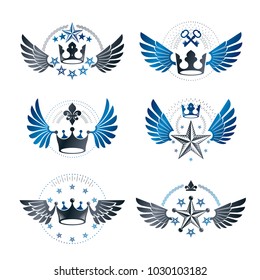 Royal Crowns and Vintage Stars emblems set. Heraldic vector design elements collection. Retro style label, heraldry logo.