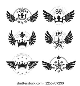 Royal Crowns and Vintage Stars emblems set. Heraldic vector design elements collection. Retro style label, heraldry logo.