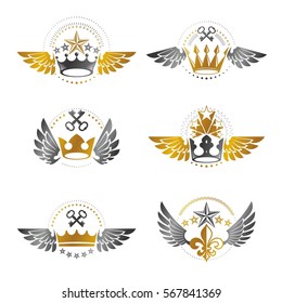 Royal Crowns and Vintage Stars emblems set. Heraldic vector design elements collection. Retro style label, heraldry logo.