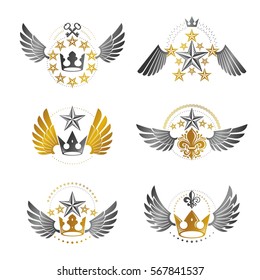 Royal Crowns and Vintage Stars emblems set. Heraldic vector design elements collection. Retro style label, heraldry logo.