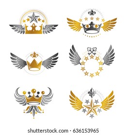 Royal Crowns and Vintage Stars emblems set. Heraldic vector design elements collection. Retro style label, heraldry logo.