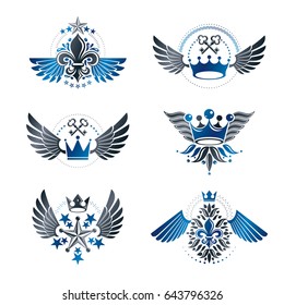 Royal Crowns and Vintage Stars emblems set. Heraldic vector design elements collection. Retro style label, heraldry logo.