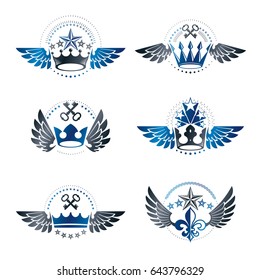 Royal Crowns and Vintage Stars emblems set. Heraldic vector design elements collection. Retro style label, heraldry logo.
