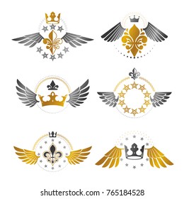 Royal Crowns and Vintage Stars emblems set. Heraldic vector design elements collection. Retro style label, heraldry logo.