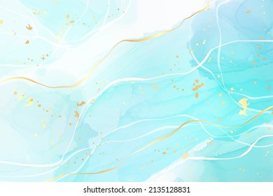 Royal cyan mint liquid marble watercolor background with white lines and brush stains. Teal turquoise marbled alcohol ink drawing effect. Vector illustration backdrop, watercolour wedding invitation.